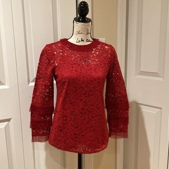 NWT J. Crew Cherry Red Lace Top with Tulle Ruffle XS $128 - Picture 8 of 11